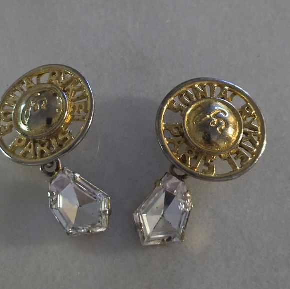 RARE FIND SONIA RYKIEL PARIS GOLD TONE CLIP ON EARRINGS WITH RHINESTONE - Picture 2 of 7